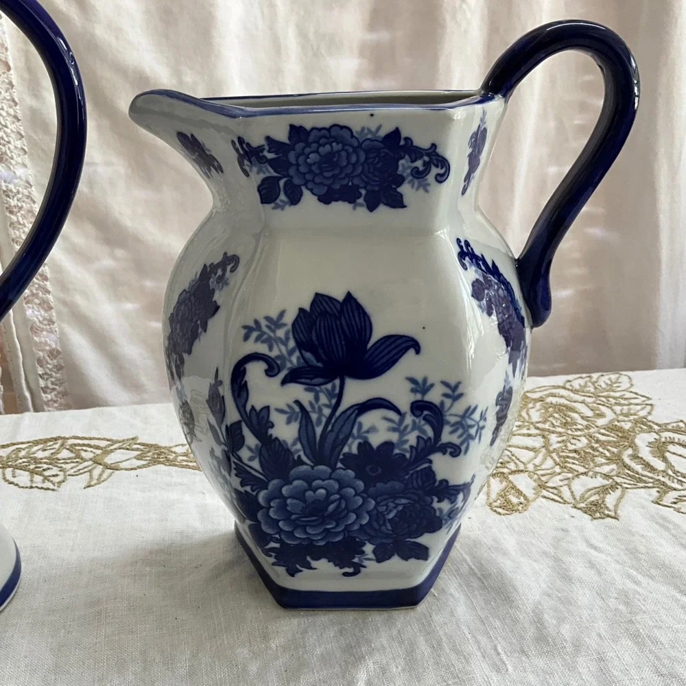 Blue White Floral Chinoiserie Wall Pocket Pitcher Ceramic Vases Cottagecore 2pc